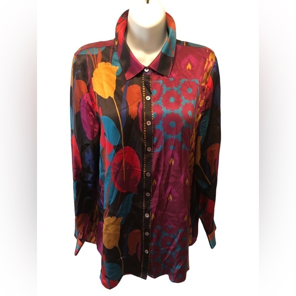 Soft Surroundings 100% SIlK Floral LS Blouse M Colorful Career Business Career